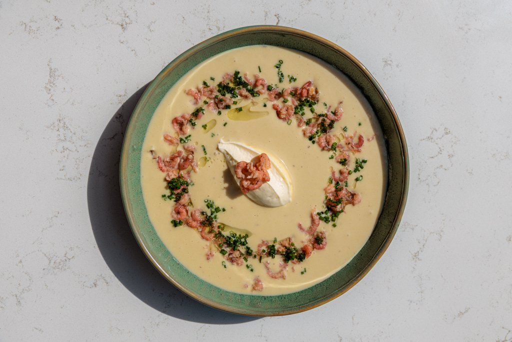 vichyssoise recept met grijze garnalen en crème fraîche